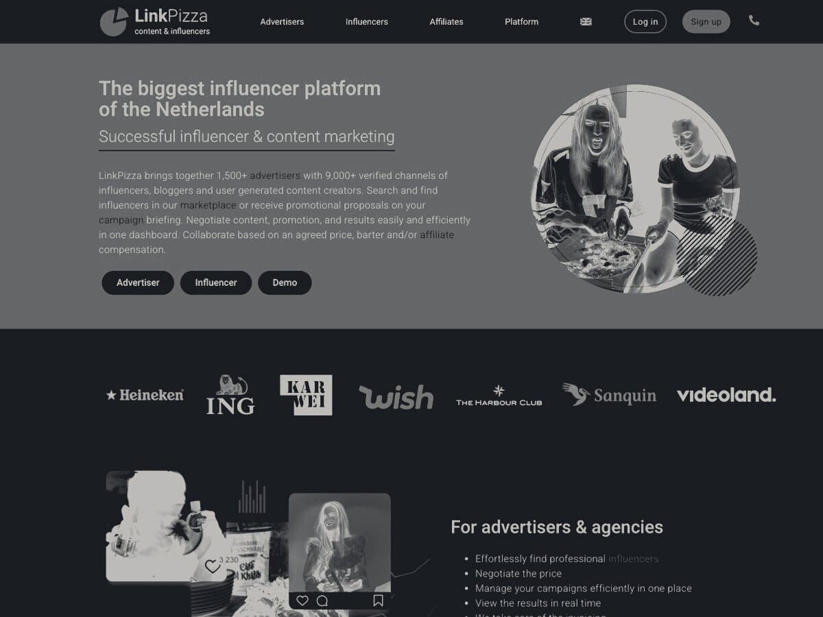 The LinkPizza homepage, in a dark treatment: “The biggest influencer platform of the Netherlands”, above the logos of advertisers using it