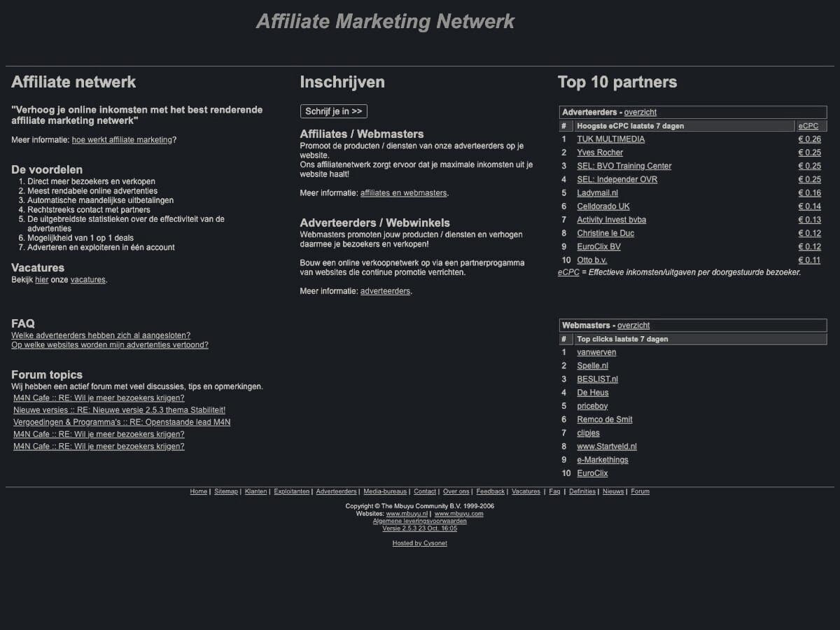 The M4N homepage as it stood in 2006, in a dark treatment: an affiliate network listing its top ten advertisers and their earnings per visitor