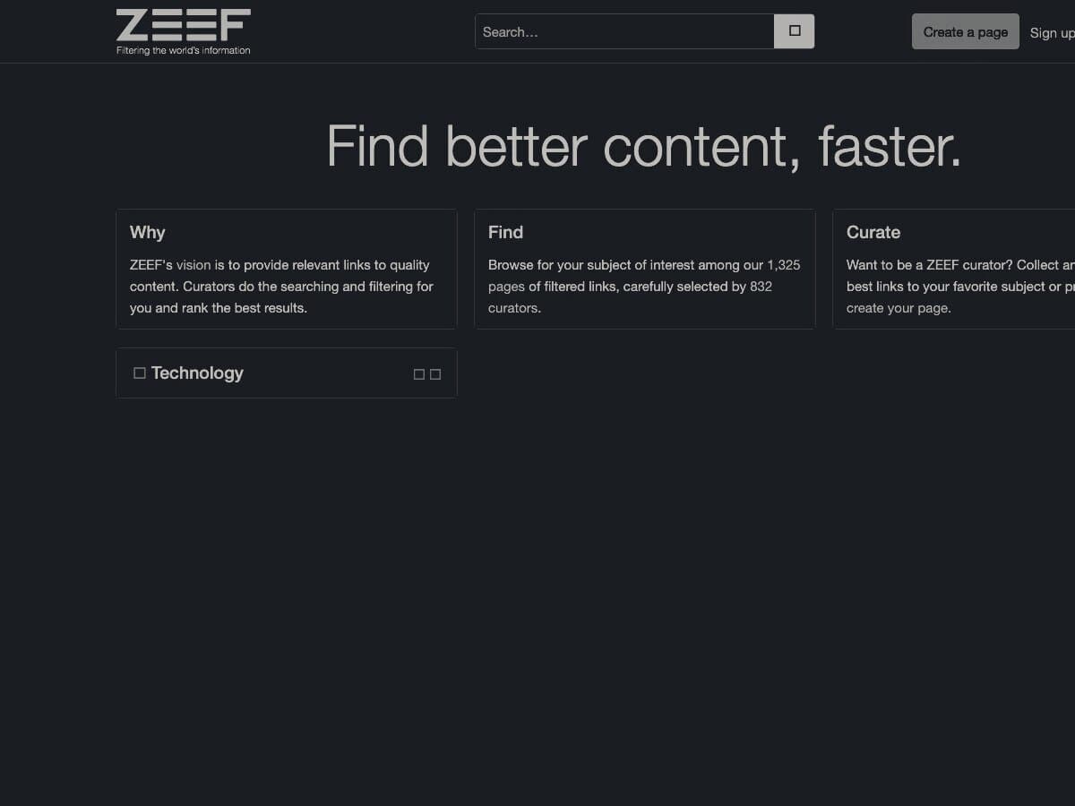 De homepage van ZEEF zoals die er in 2014 uitzag, donker bewerkt: “Find better content, faster.” boven drie blokken — waarom de site bestaat, hoe je een onderwerp vindt, hoe je curator wordt