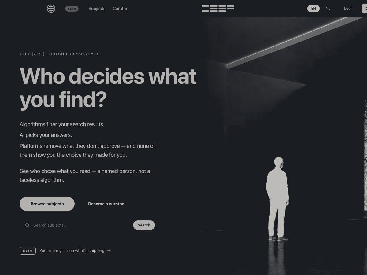 The ZEEF homepage, in a dark treatment: the headline “Who decides what you find?” above a search field for subjects